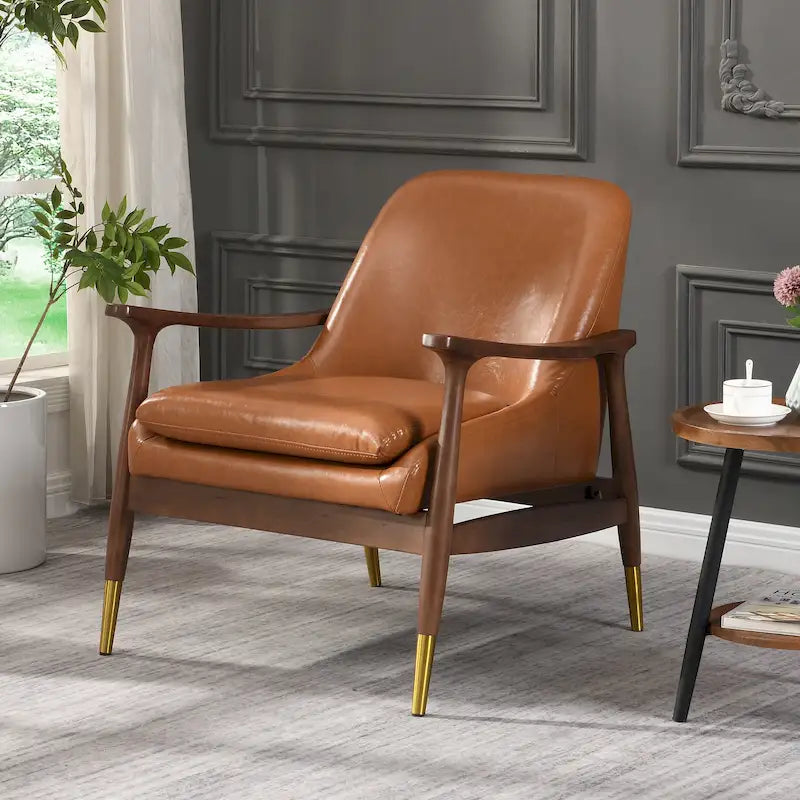 Fauteuil d'appoint du milieu du siècle en similicuir de 29,2 po avec siège coussinné, cadre en bois massif et pieds à embouts en laiton
