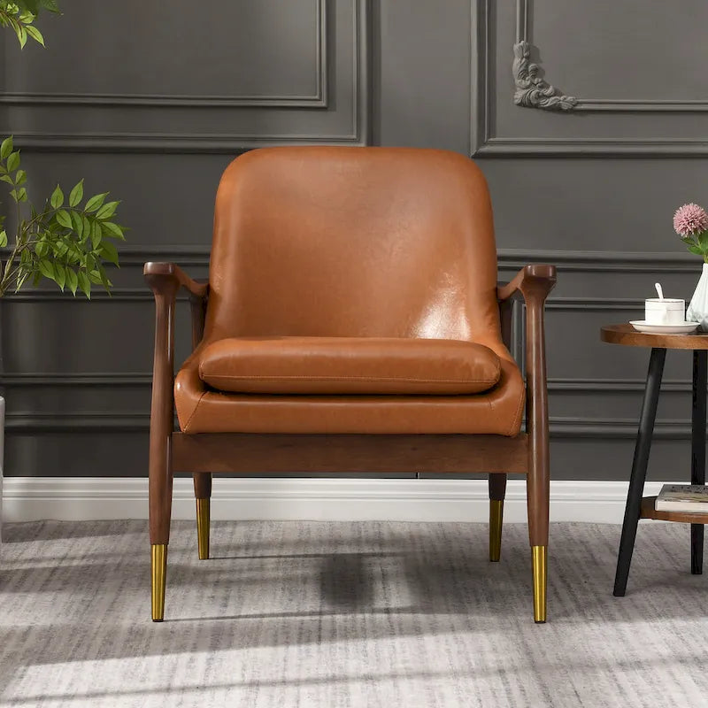 Fauteuil d'appoint du milieu du siècle en similicuir de 29,2 po avec siège coussinné, cadre en bois massif et pieds à embouts en laiton