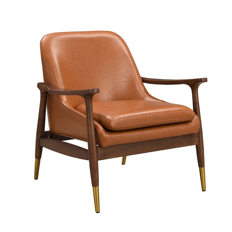 Fauteuil d'appoint du milieu du siècle en similicuir de 29,2 po avec siège coussinné, cadre en bois massif et pieds à embouts en laiton