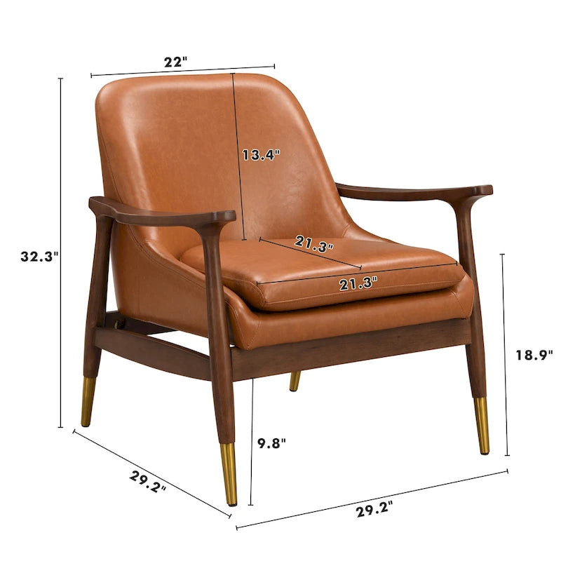 Fauteuil d'appoint du milieu du siècle en similicuir de 29,2 po avec siège coussinné, cadre en bois massif et pieds à embouts en laiton