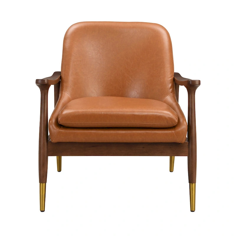 Fauteuil d'appoint du milieu du siècle en similicuir de 29,2 po avec siège coussinné, cadre en bois massif et pieds à embouts en laiton