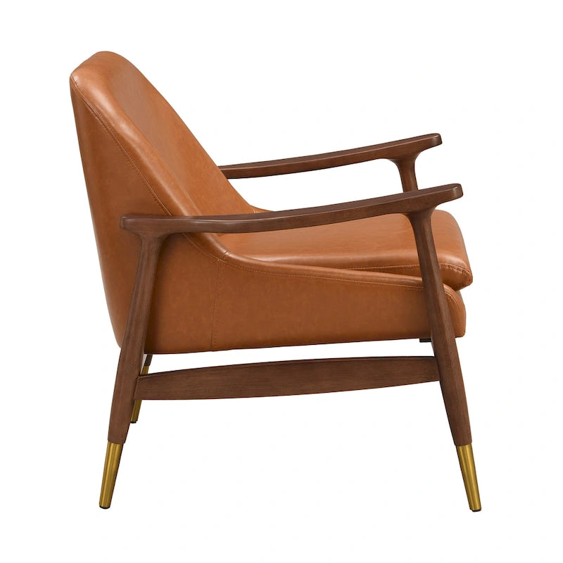 Fauteuil d'appoint du milieu du siècle en similicuir de 29,2 po avec siège coussinné, cadre en bois massif et pieds à embouts en laiton