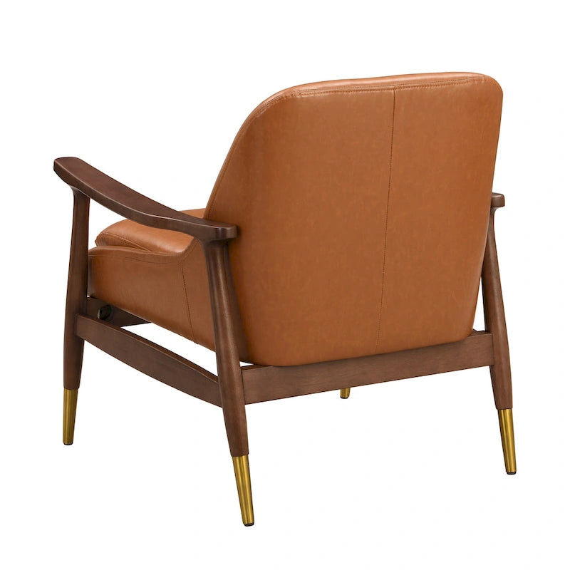 Fauteuil d'appoint du milieu du siècle en similicuir de 29,2 po avec siège coussinné, cadre en bois massif et pieds à embouts en laiton