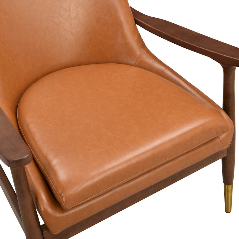 Fauteuil d'appoint du milieu du siècle en similicuir de 29,2 po avec siège coussinné, cadre en bois massif et pieds à embouts en laiton
