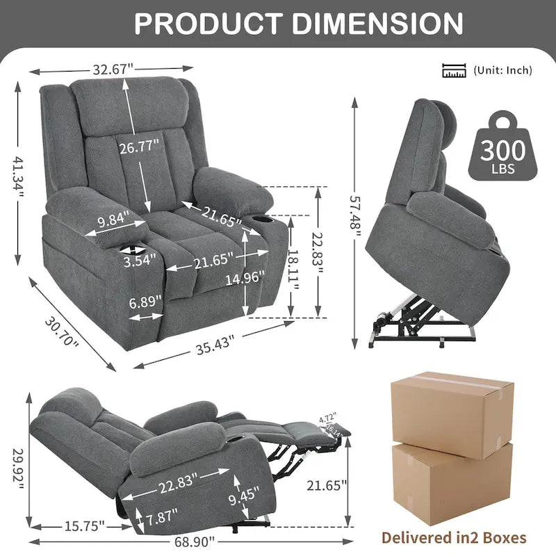 Fauteuil inclinable releveur électrique pour personnes âgées, fauteuils releveurs en tissu avec repose-pieds étendu, avec 2 porte-gobelets, poches latérales, télécommande