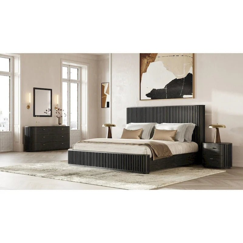 Commode moderne noire en acacia à 6 tiroirs avec poignées dorées