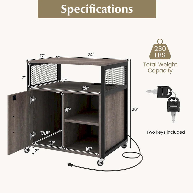 Meuble Classeur Mobile sur Roulettes avec Station de Charge Intégrée – Capacité de 104 kg