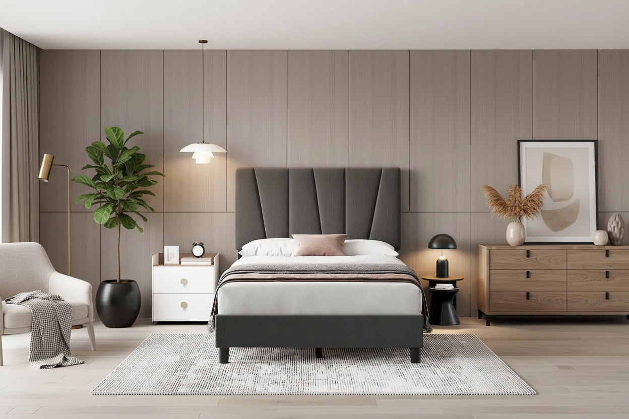 Linen Upholstered Platform Bed Frame with Strong Wooden Slats