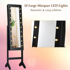 Meuble à bijoux avec miroir et 18 lumières LED, miroir pleine longueur, noir