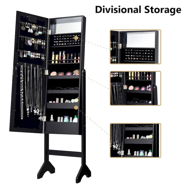 Meuble à bijoux avec miroir et 18 lumières LED, miroir pleine longueur, noir