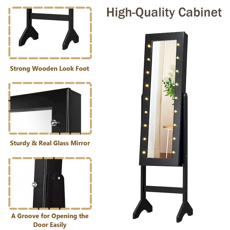 Meuble à bijoux avec miroir et 18 lumières LED, miroir pleine longueur, noir