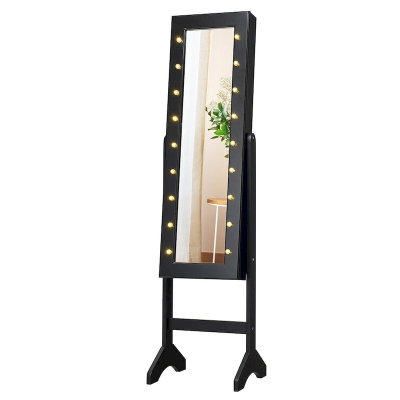 Meuble à bijoux avec miroir et 18 lumières LED, miroir pleine longueur, noir