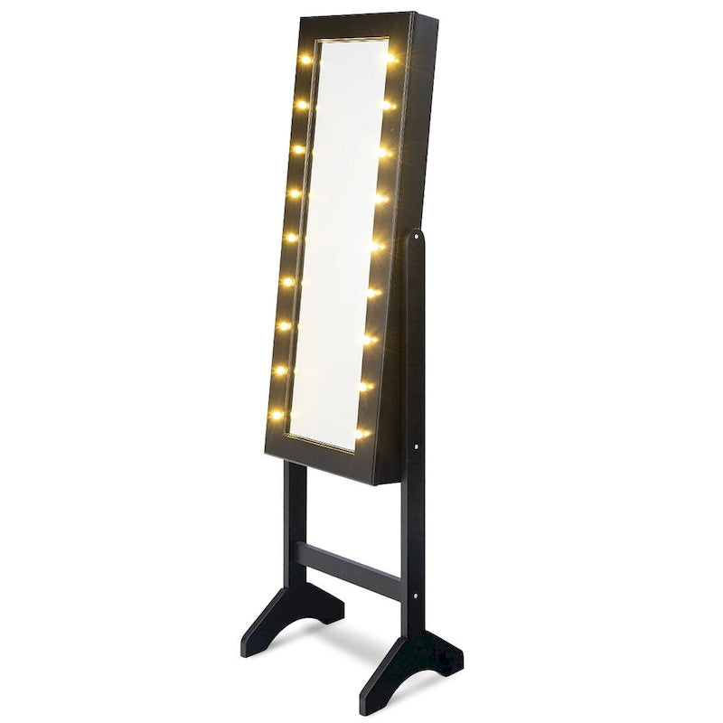 Meuble à bijoux avec miroir et 18 lumières LED, miroir pleine longueur, noir