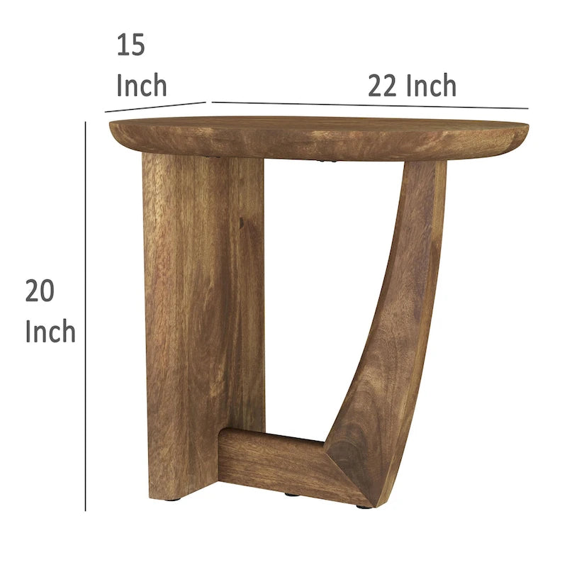 Table d'appoint d'extrémité en bois de manguier de 22 pouces avec base en L, de couleur marron