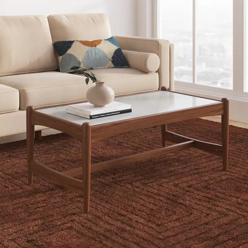 Table basse en marbre véritable avec base en noyer massif