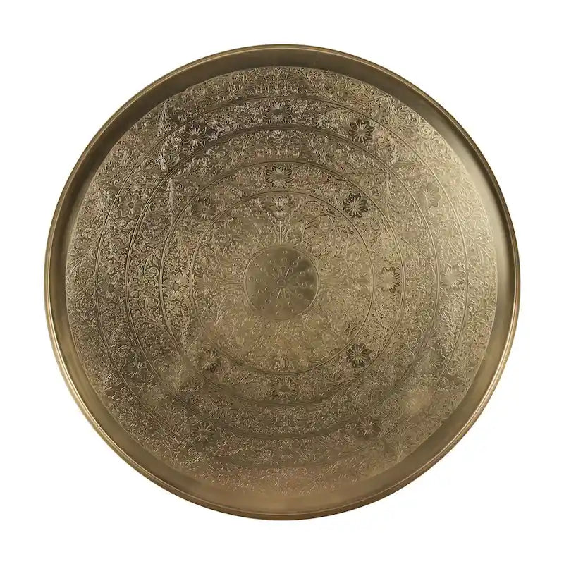 Table d'appoint en laiton antique avec plateau amovible et motif floral gravé à la main