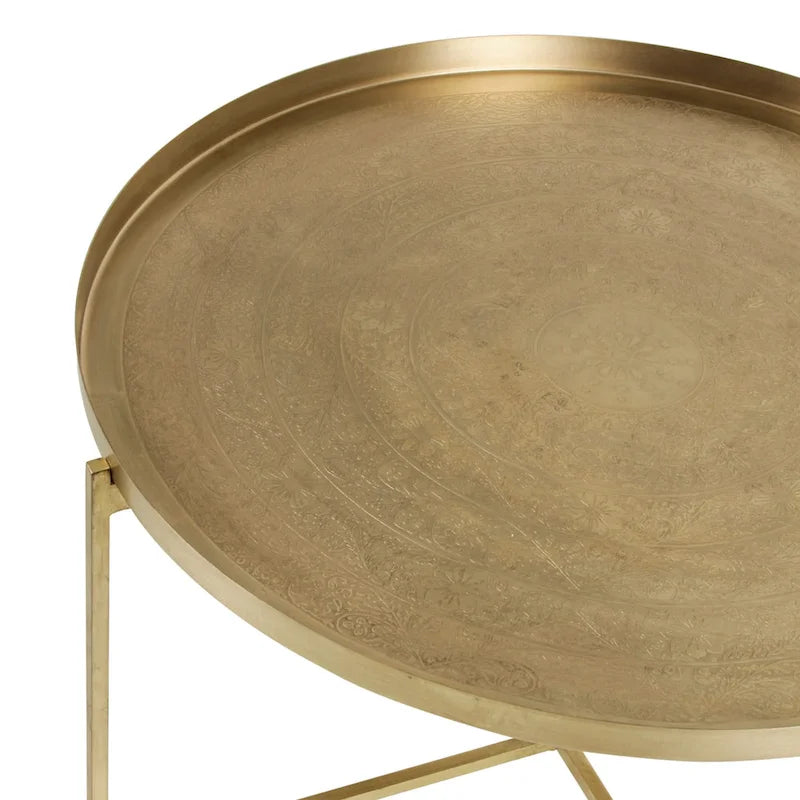 Table d'appoint en laiton antique avec plateau amovible et motif floral gravé à la main