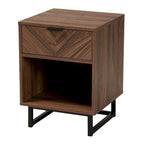 Table d'appoint moderne à 1 tiroir en noyer brun et métal noir avec étagère ouverte