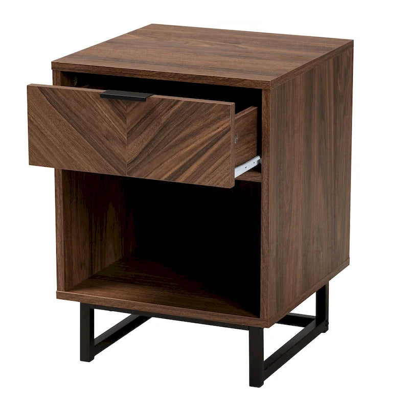 Table d'appoint moderne à 1 tiroir en noyer brun et métal noir avec étagère ouverte