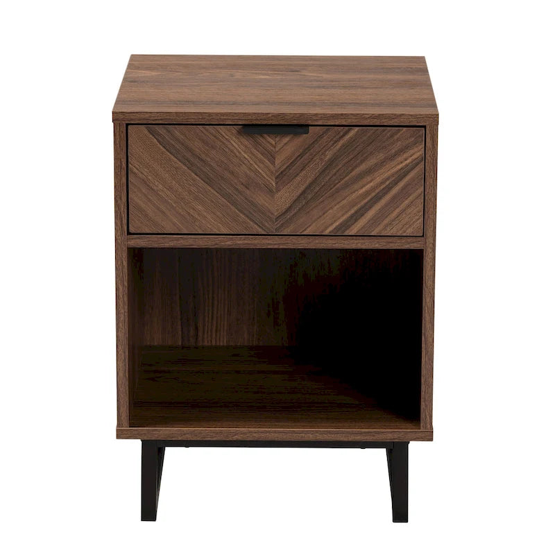 Table d'appoint moderne à 1 tiroir en noyer brun et métal noir avec étagère ouverte