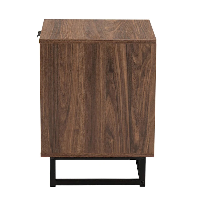 Table d'appoint moderne à 1 tiroir en noyer brun et métal noir avec étagère ouverte