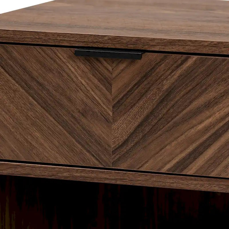 Table d'appoint moderne à 1 tiroir en noyer brun et métal noir avec étagère ouverte