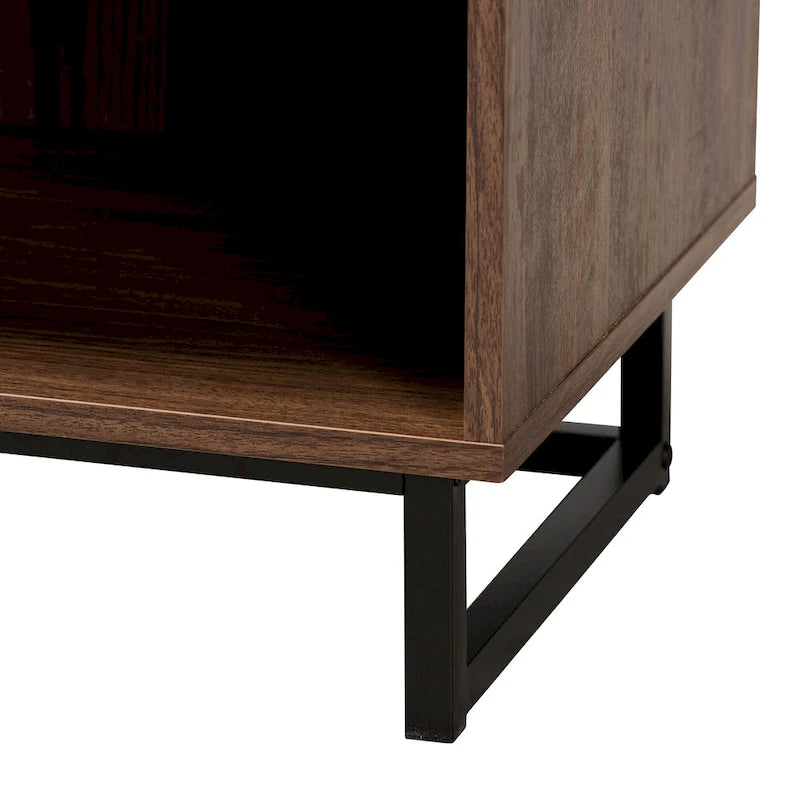 Table d'appoint moderne à 1 tiroir en noyer brun et métal noir avec étagère ouverte