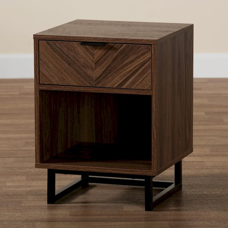 Table d'appoint moderne à 1 tiroir en noyer brun et métal noir avec étagère ouverte