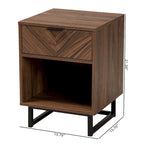 Table d'appoint moderne à 1 tiroir en noyer brun et métal noir avec étagère ouverte