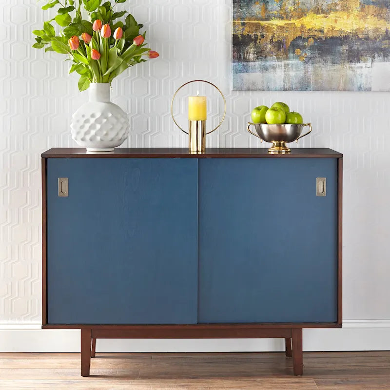 Table console Mid-Century Modern avec portes coulissantes et finition noyer