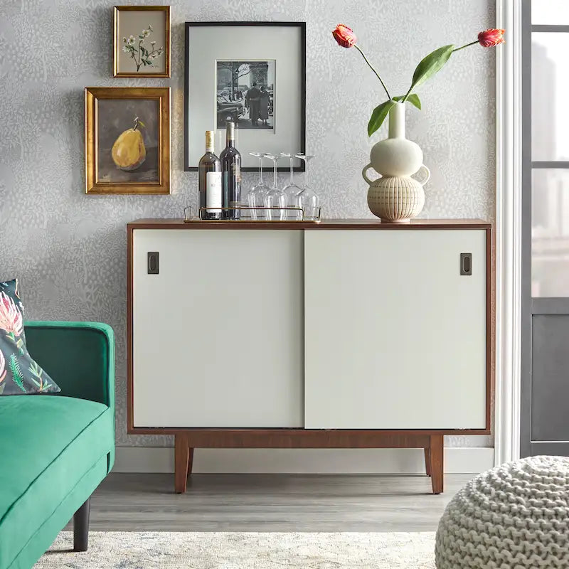 Table console Mid-Century Modern avec portes coulissantes et finition noyer