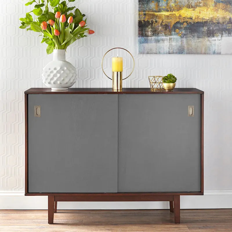 Table console Mid-Century Modern avec portes coulissantes et finition noyer