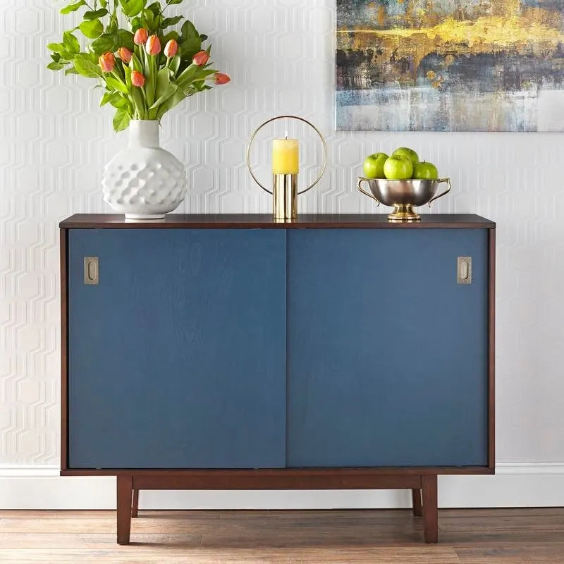 Table console Mid-Century Modern avec portes coulissantes et finition noyer