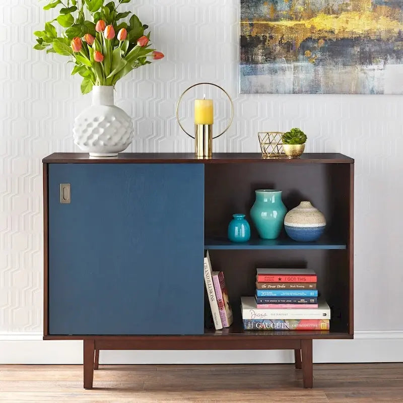 Table console Mid-Century Modern avec portes coulissantes et finition noyer