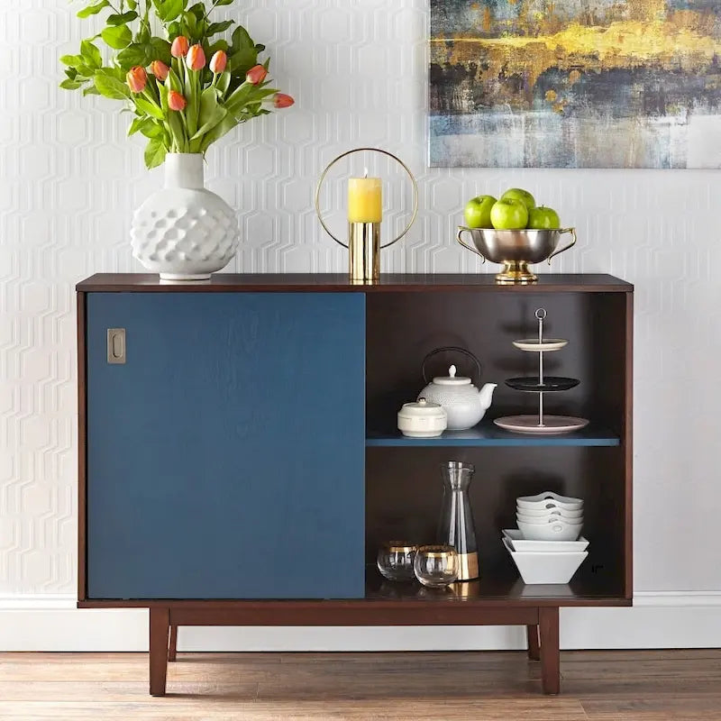 Table console Mid-Century Modern avec portes coulissantes et finition noyer