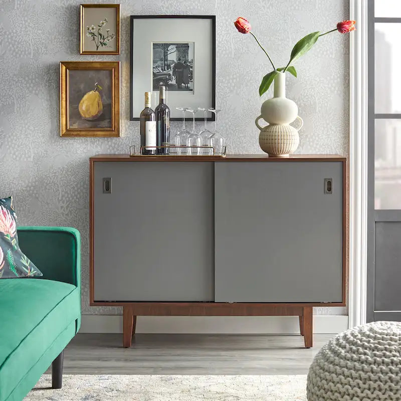 Table console Mid-Century Modern avec portes coulissantes et finition noyer