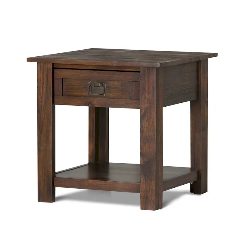 Bout de canapé carré en bois d'acacia massif avec tiroir et étagère ouverte, 55,8 cm