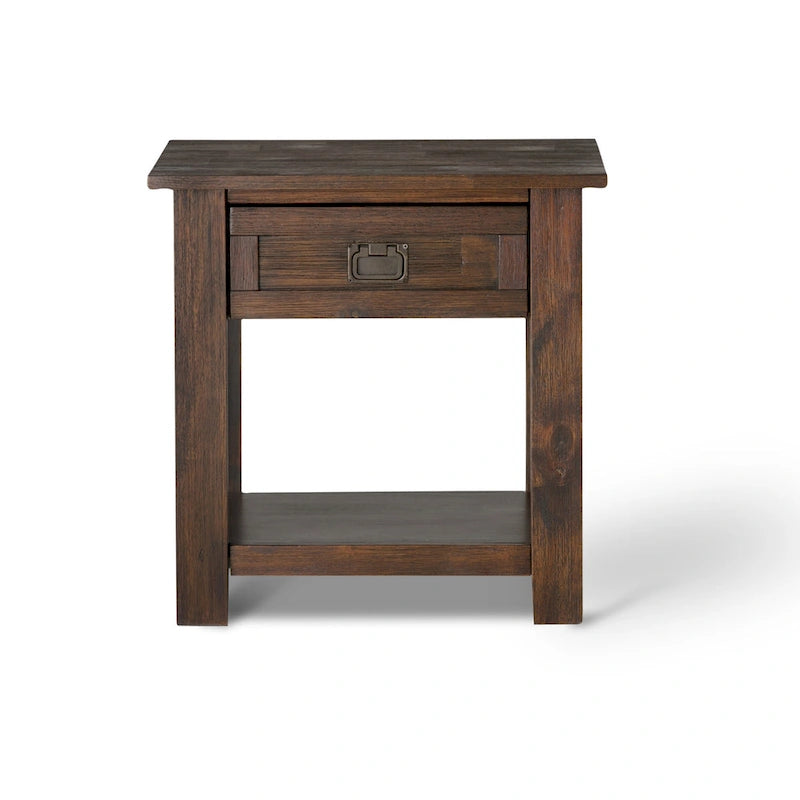 Bout de canapé carré en bois d'acacia massif avec tiroir et étagère ouverte, 55,8 cm