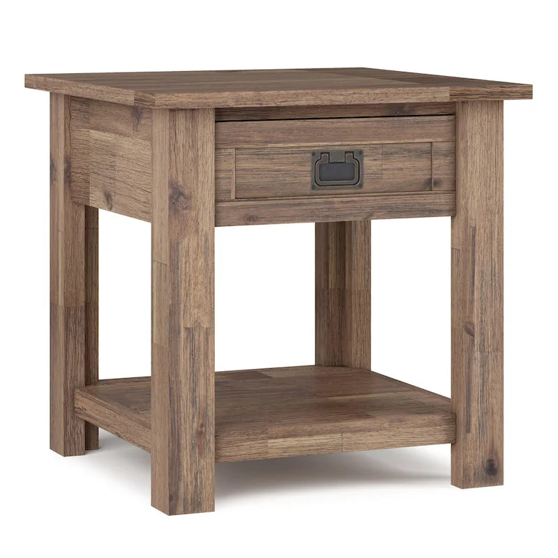 Bout de canapé carré en bois d'acacia massif avec tiroir et étagère ouverte, 55,8 cm
