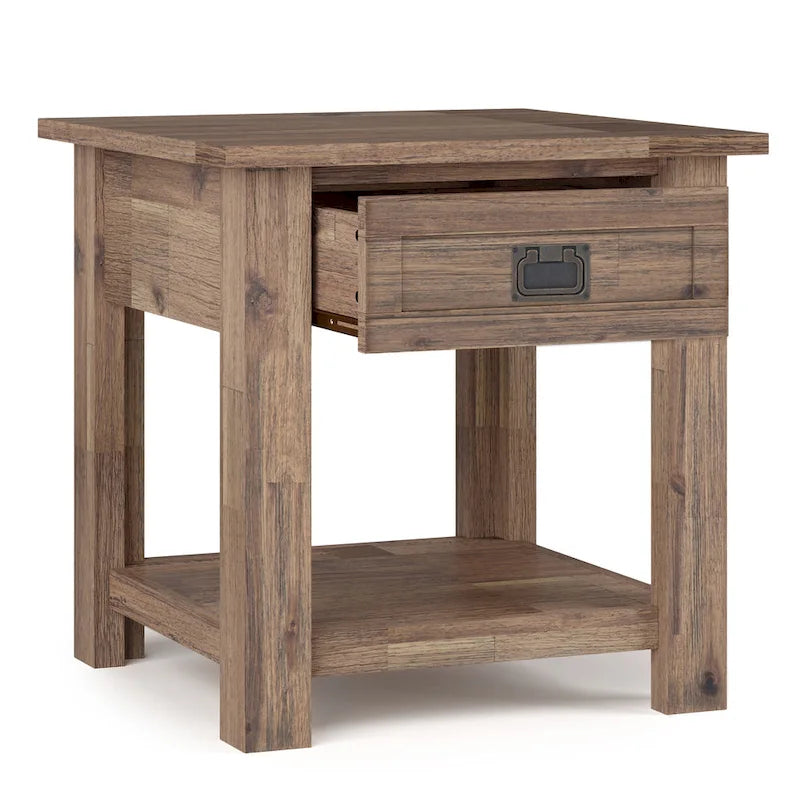 Bout de canapé carré en bois d'acacia massif avec tiroir et étagère ouverte, 55,8 cm