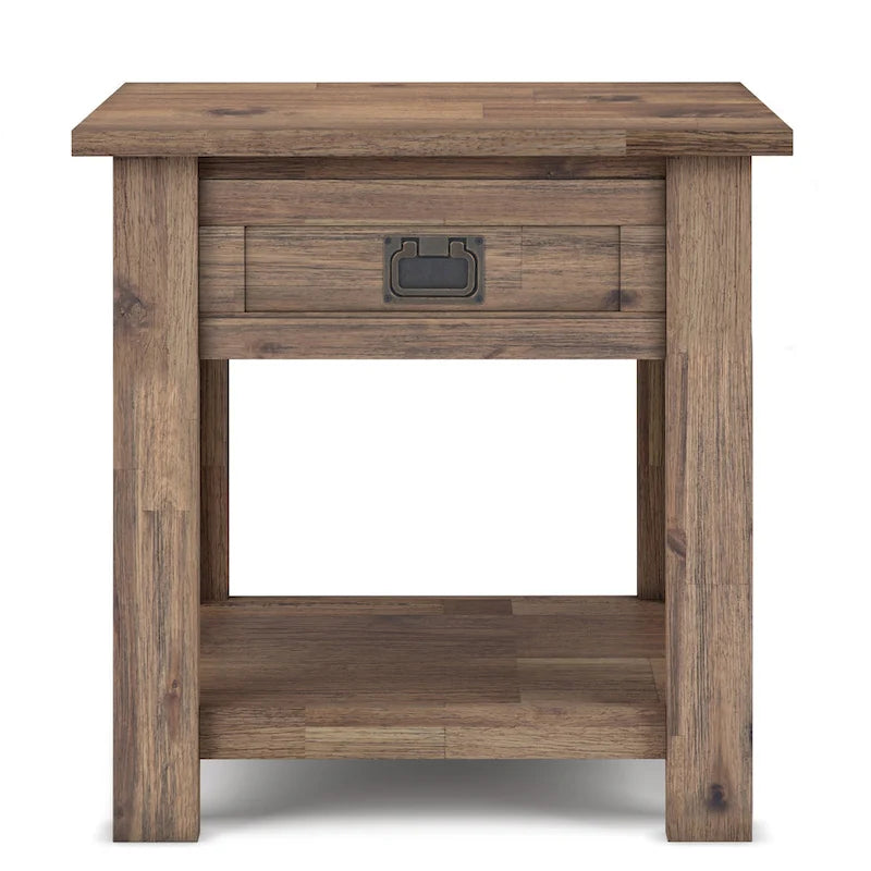 Bout de canapé carré en bois d'acacia massif avec tiroir et étagère ouverte, 55,8 cm