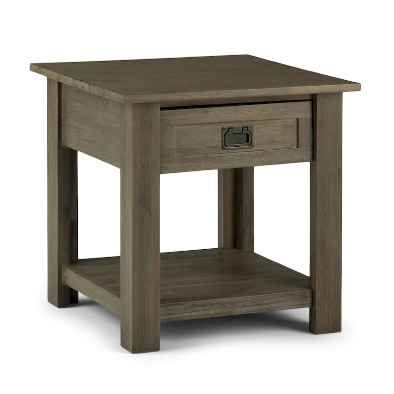 Bout de canapé carré en bois d'acacia massif avec tiroir et étagère ouverte, 55,8 cm