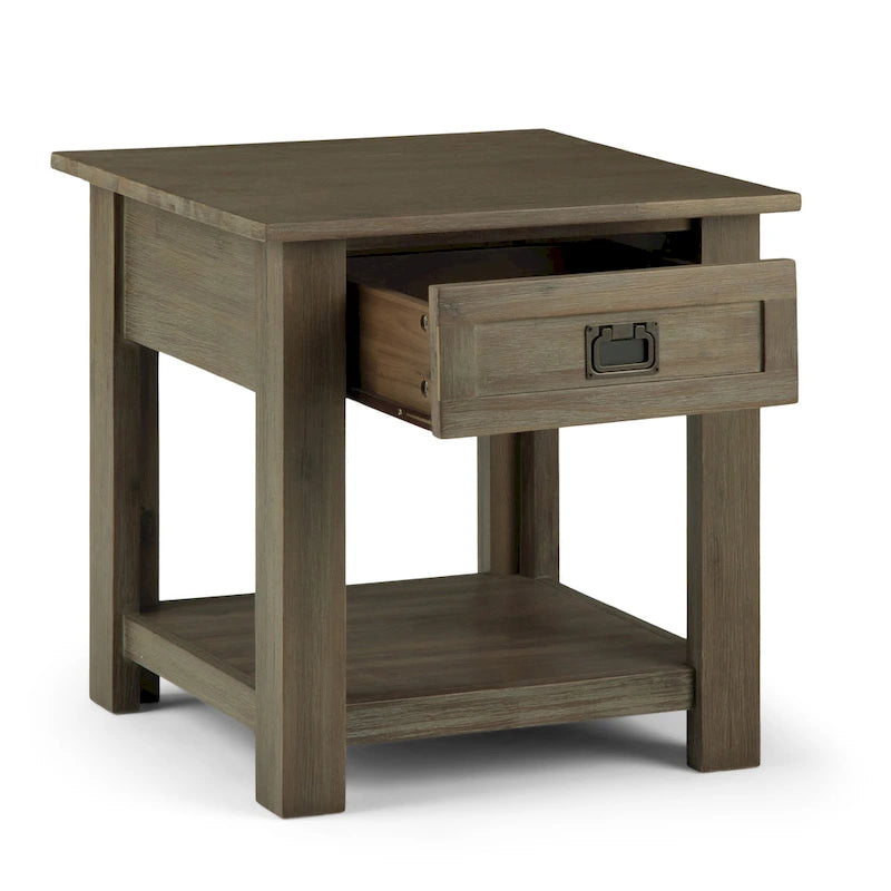 Bout de canapé carré en bois d'acacia massif avec tiroir et étagère ouverte, 55,8 cm