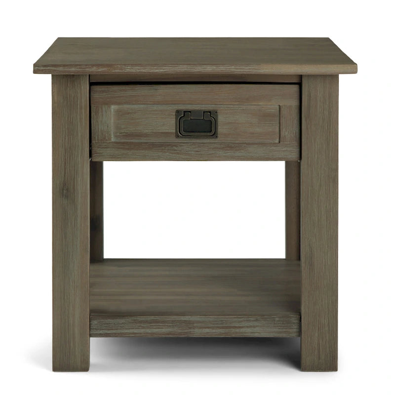 Bout de canapé carré en bois d'acacia massif avec tiroir et étagère ouverte, 55,8 cm