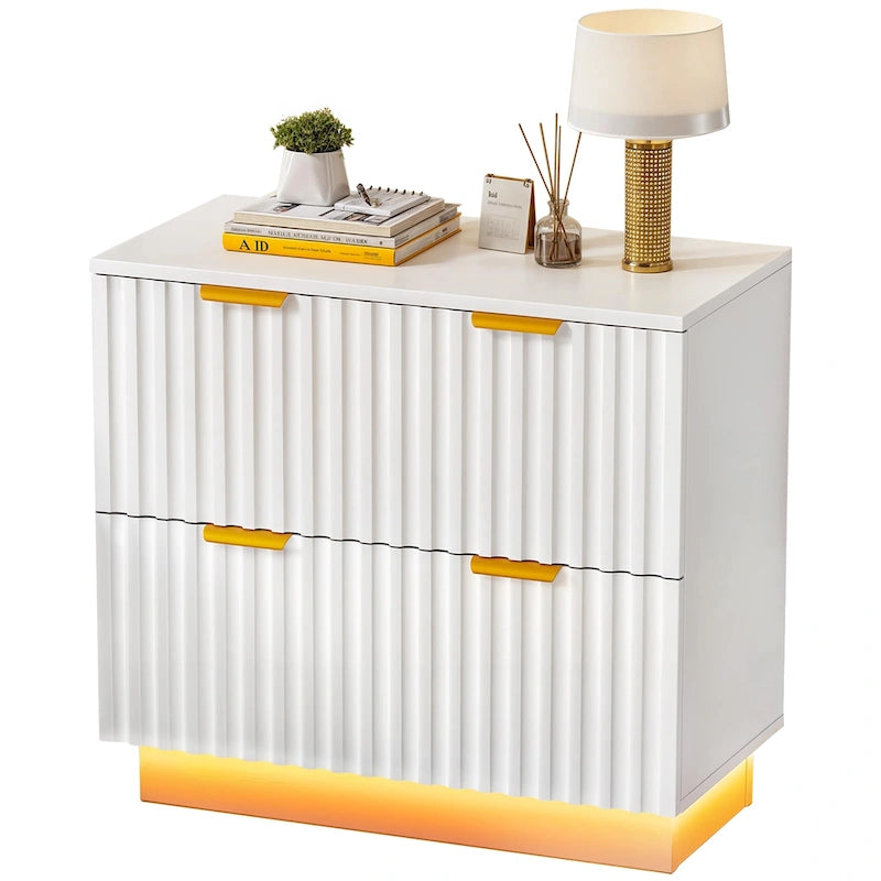 Classeur latéral à 2 tiroirs avec éclairage LED – Cadre doré, design cannelé