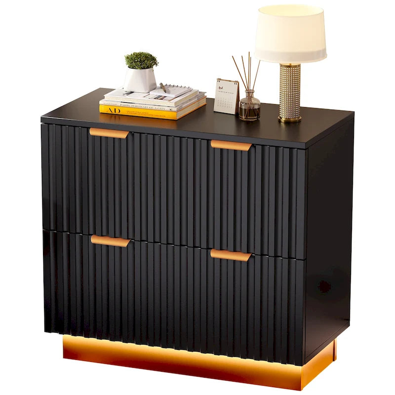 Classeur latéral à 2 tiroirs avec éclairage LED – Cadre doré, design cannelé