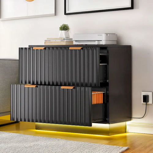 Classeur latéral à 2 tiroirs avec éclairage LED – Cadre doré, design cannelé