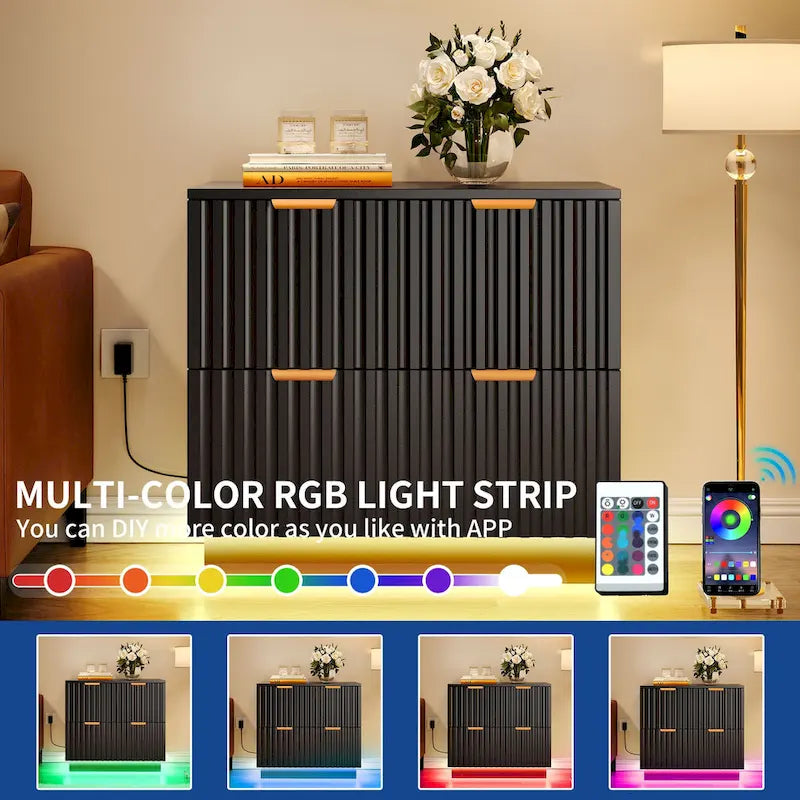 Classeur latéral à 2 tiroirs avec éclairage LED – Cadre doré, design cannelé