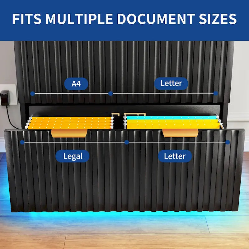 Classeur latéral à 2 tiroirs avec éclairage LED – Cadre doré, design cannelé