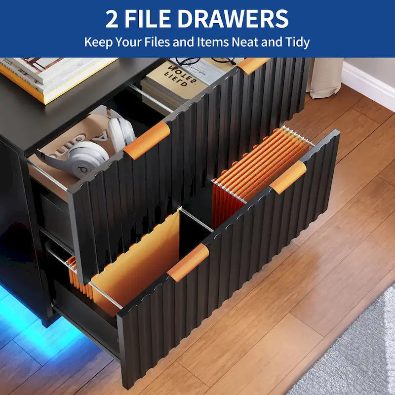 Classeur latéral à 2 tiroirs avec éclairage LED – Cadre doré, design cannelé